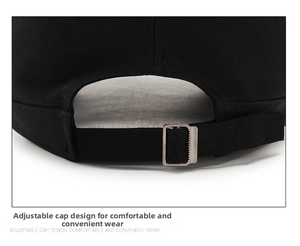 Detail of adjustable metal buckle on black cotton twill baseball cap for custom fit