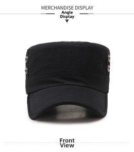 Front view of black cotton canvas cadet cap showing heavy-duty twill texture and metal eyelets