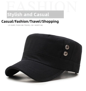 Detail of black cotton flat top military cap with stylish metallic side grommets