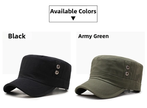 Detail view of cotton flat top military caps with side metal rivets and reinforced stitching