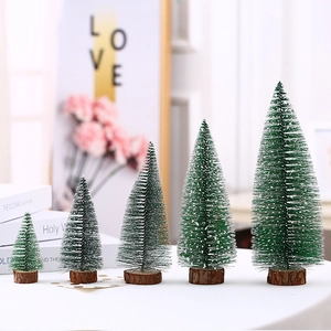 Set of 5 mini frosted pine Christmas trees with wooden bases for desktop holiday decor