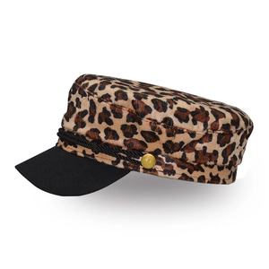 Vintage Militärmütze mit Leopardenmuster für Damen, flacher Kopf, schwarzer Schirm und Knopf