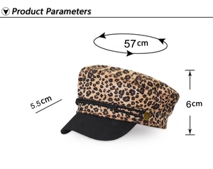 Detailansicht der Leoparden-Militärmütze mit Maßen: 57cm Umfang und 6cm Schirmhöhe