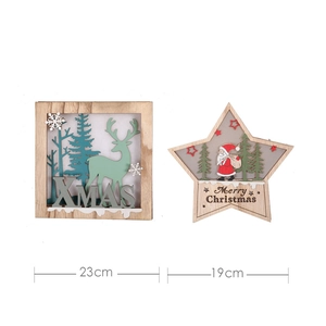 Christmas wooden desktop ornaments with star and square reindeer designs and size labels