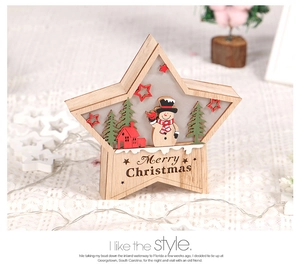 Five-pointed star wooden Christmas lamp featuring carved snowman and red house details
