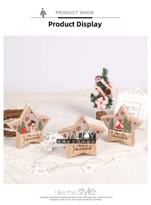 Wooden star Christmas ornaments with warm LED lights and festive hand-painted scene