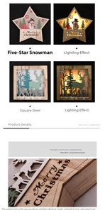 Detail of wooden Christmas star and square deer ornaments with warm LED light effect