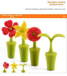 Set of four colorful silicone flower and sprout wine bottle stoppers with ribbed seal