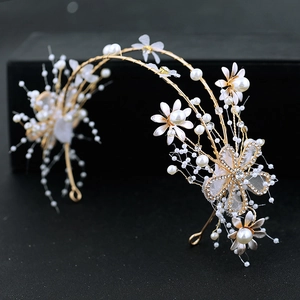Bridal Headband Gold Alloy Flower Faux Artificial Pearl Rhinestone Handmade Wedding Hair Accessories For Women