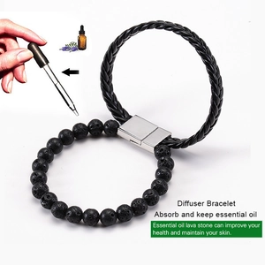 Essential oil diffuser bracelet with black lava stones and woven leather magnetic clasp