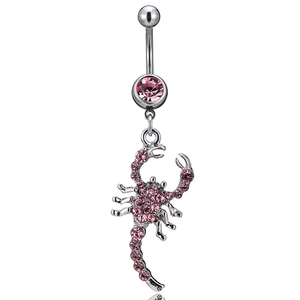 Silver belly button ring with pink rhinestone scorpion pendant on white background