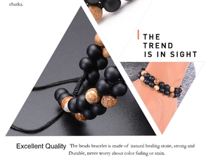 Detail of natural matte black and picture stone beads on a double-layer woven bracelet