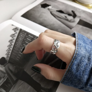 Modern S925 sterling silver wide band ring with vintage irregular woven texture finish
