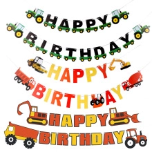 Detailed set of construction and tractor themed Happy Birthday banners for parties