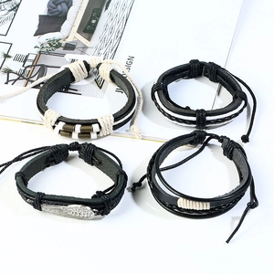 Men's 4-piece vintage leather bracelet set with retro wing charm and braided ropes