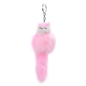 Plush pink and white sleeping cat keychain with a long fluffy tail and silver metal ring