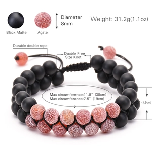 Adjustable double-layer bracelet with 8mm matte black beads and red agate stones