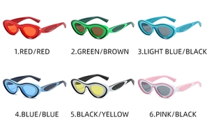 Matrix view of Y2K oval sunglasses showcasing six vibrant color combinations and cutout temples