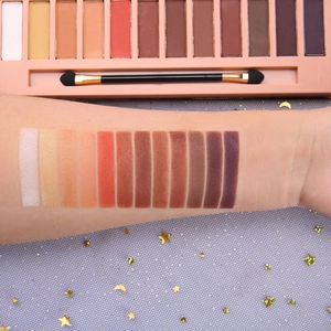 Swatches der 12-Farben Lidschattenpalette in Matt und Schimmer auf dem Arm mit Pinsel
