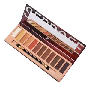 Nahaufnahme der 12-Farben-Lidschattenpalette mit matten und schimmernden Erdtönen und Pinsel