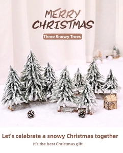 Three snowy mini Christmas trees on a wooden base with pine cones for desk decor