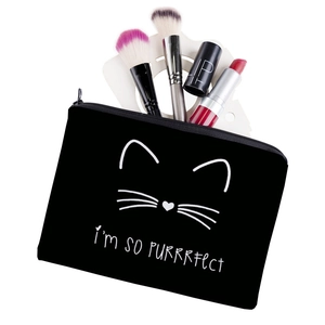Black canvas makeup bag with white cat print and I'm so purrrrfect lettering