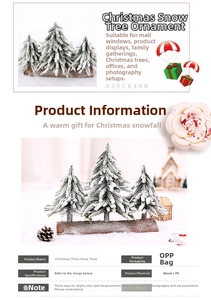 Detail of three mini snow-covered Christmas trees with natural wooden bases for desktop decor