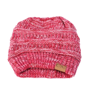Detail of knit beanie for high ponytail with CC faux leather patch in pink melange
