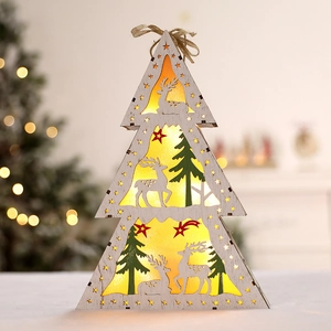Sapin de Noël lumineux à 3 niveaux en bois avec rennes découpés et lumières LED chaudes