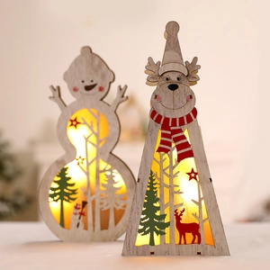 Décorations de Noël lumineuses en bois avec motifs bonhomme de neige et cerf et LED