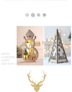 Détail de déco de Noël LED en bois avec bonhomme de neige et sapin en lumière chaude