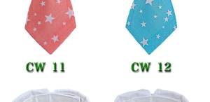 Detail view of pink and blue pet ties with white star patterns and CW model codes