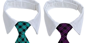 Detailed close-up of striped pet shirt ties in light blue and purple checkered patterns