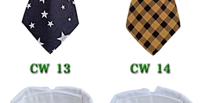 Close-up of pet neckties showing navy blue star pattern and yellow black plaid twill fabric