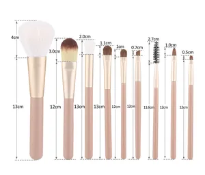 Detailed size chart for 9-piece makeup brush set featuring handle and bristle lengths
