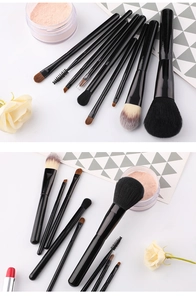 Detail view of 9-piece black makeup brush set with animal hair and elegant carrying bag