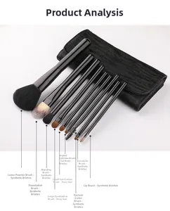 Detailed view of 10 makeup brushes with synthetic and pony hair plus storage pouch