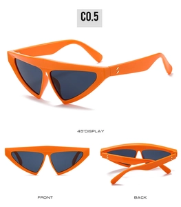 Three views of trendy orange triangle sunglasses showing front, back and 45-degree angle