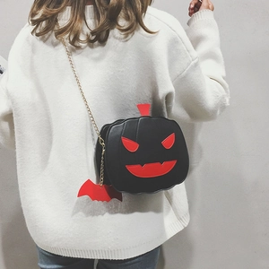 Funny pumpkin crossbody bag with red bat pendant and gold chain strap for Halloween