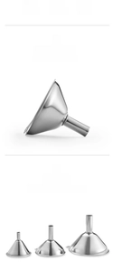 Three-piece stainless steel funnel set showing large, medium and small sizes for liquid