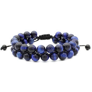 Detailed view of double-layer blue tiger eye beaded bracelet with adjustable black cord