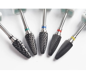 Set of 5 ceramic nail drill bits with color-coded bands for different grit levels