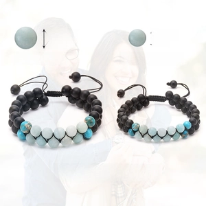 Adjustable double-layered braided couple bracelets with matte black and turquoise beads