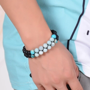 Double-layer amazonite beaded bracelet with matte black stones and braided adjustable cord