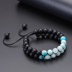 Close-up of double-row amazonite beads and black matte stones with braided cord