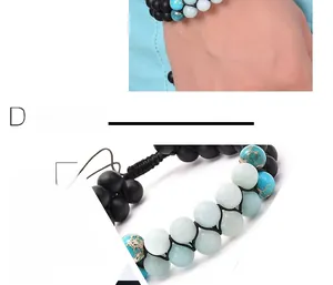Detail of double-layer hand-woven bracelet with amazonite and matte black beads