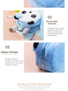 Detail of blue panda plush coin purse showing zipper closure and bead chain attachment