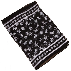 Classic black chiffon long scarf featuring white pirate skull print on white background