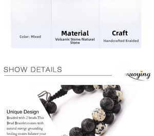 Macro detail of 8mm lava and natural stone beads on a hand-woven adjustable bracelet