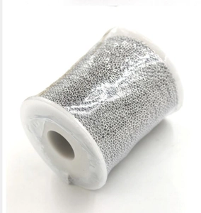 Close-up of a silver square cross chain spool wrapped in clear protective film